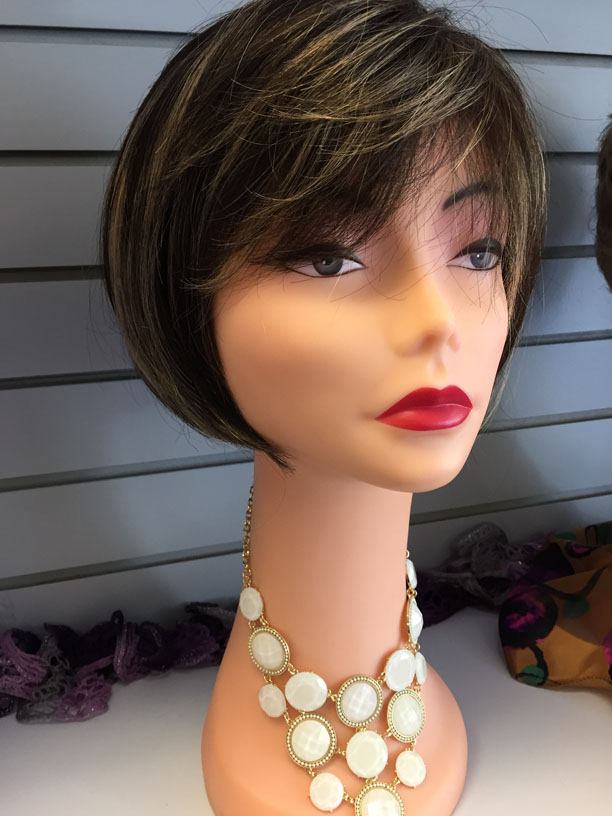 A synthetic wig displayed at a Rhode Island wig store.