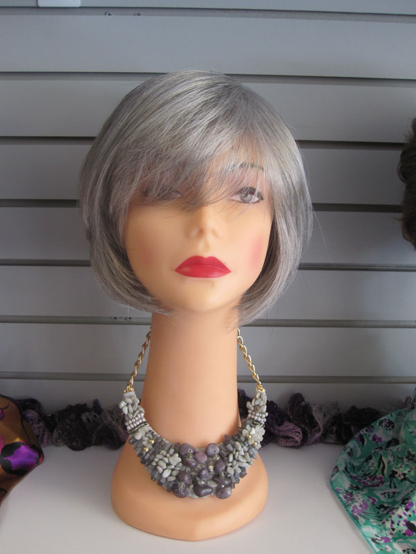 A synthetic wig displayed at a Rhode Island wig store